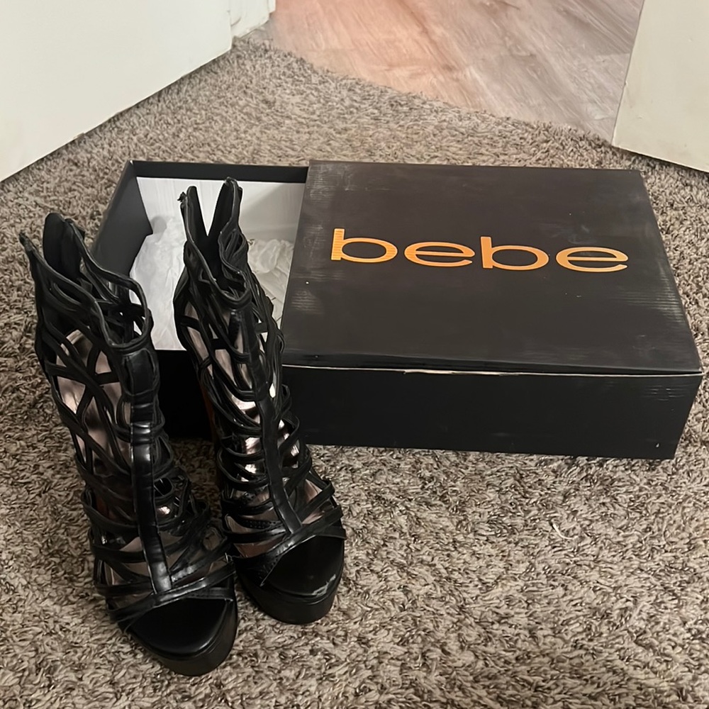 Bebe Black strappy/ caged high heels with zipper up back